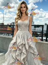 Gray Tulle Lace Straps Prom Dress