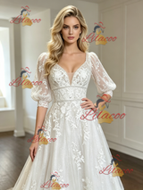 White Tulle Appliques V-neck Puff Sleeve Wedding Dress