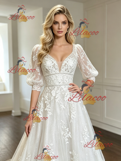 White Tulle Appliques V-neck Puff Sleeve Wedding Dress