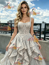 Gray Tulle Lace Straps Prom Dress