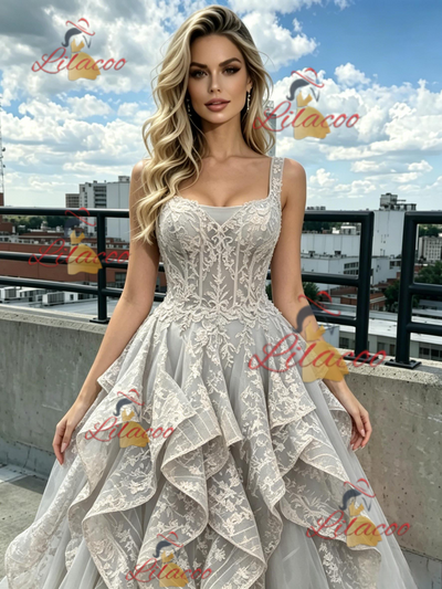 Gray Tulle Lace Straps Prom Dress