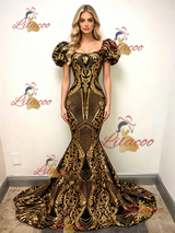 Gold Mermaid Sequins Puff Sleeve Prom Dress