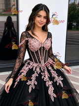 Black Tulle Long Sleeve V-neck Appliques Quinceanera Dress