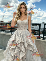 Gray Tulle Lace Straps Prom Dress