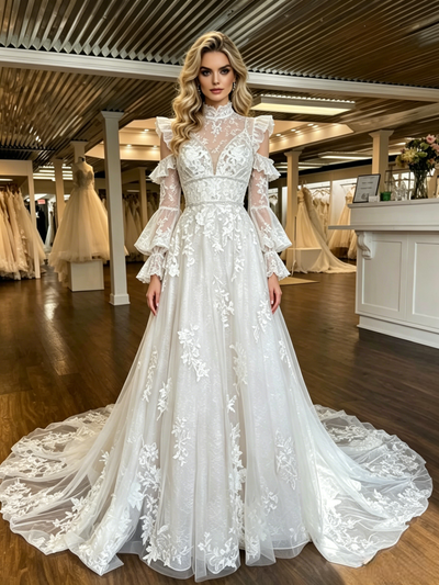 White Tulle Lace Appliques Long Sleeve Wedding Dress