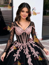 Black Tulle Long Sleeve V-neck Appliques Quinceanera Dress