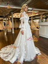 White Tulle Lace Appliques Long Sleeve Wedding Dress