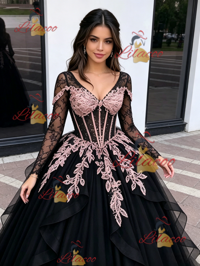 Black Tulle Long Sleeve V-neck Appliques Quinceanera Dress