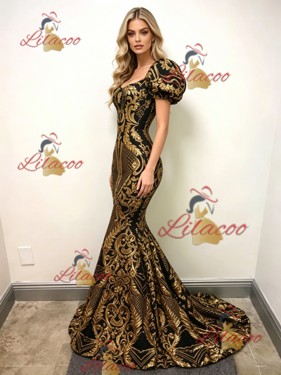 Gold Mermaid Sequins Puff Sleeve Prom Dress