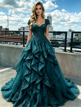 Green Tulle Lace Cap Sleeve Prom Dress