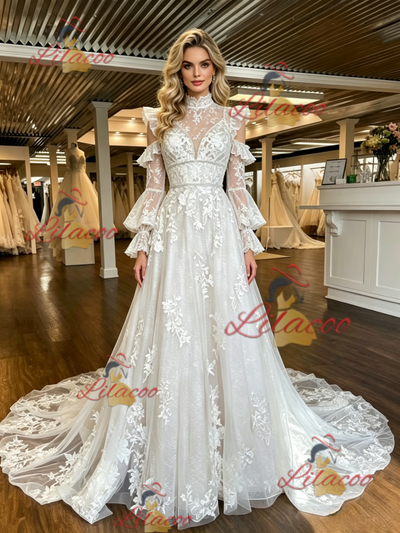 White Tulle Lace Appliques Long Sleeve Wedding Dress