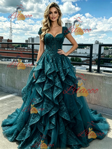 Green Tulle Lace Cap Sleeve Prom Dress