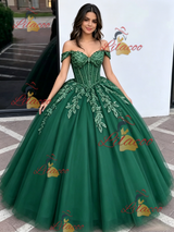 Green Tulle Off the Shoulder Appliques Quinceanera Dress