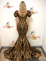 Gold Mermaid Sequins Puff Sleeve Prom Dress