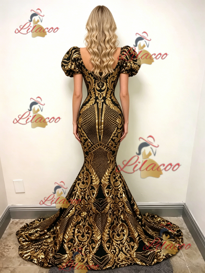 Gold Mermaid Sequins Puff Sleeve Prom Dress