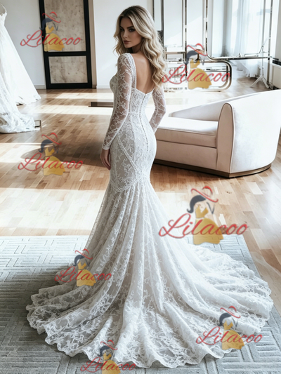 White Mermaid Lace Long Sleeve Wedding Dress