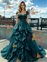 Green Tulle Lace Cap Sleeve Prom Dress