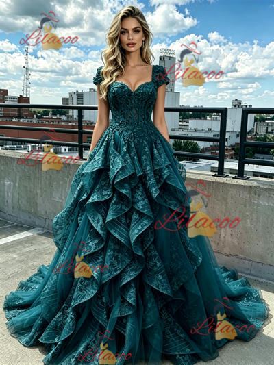 Green Tulle Lace Cap Sleeve Prom Dress