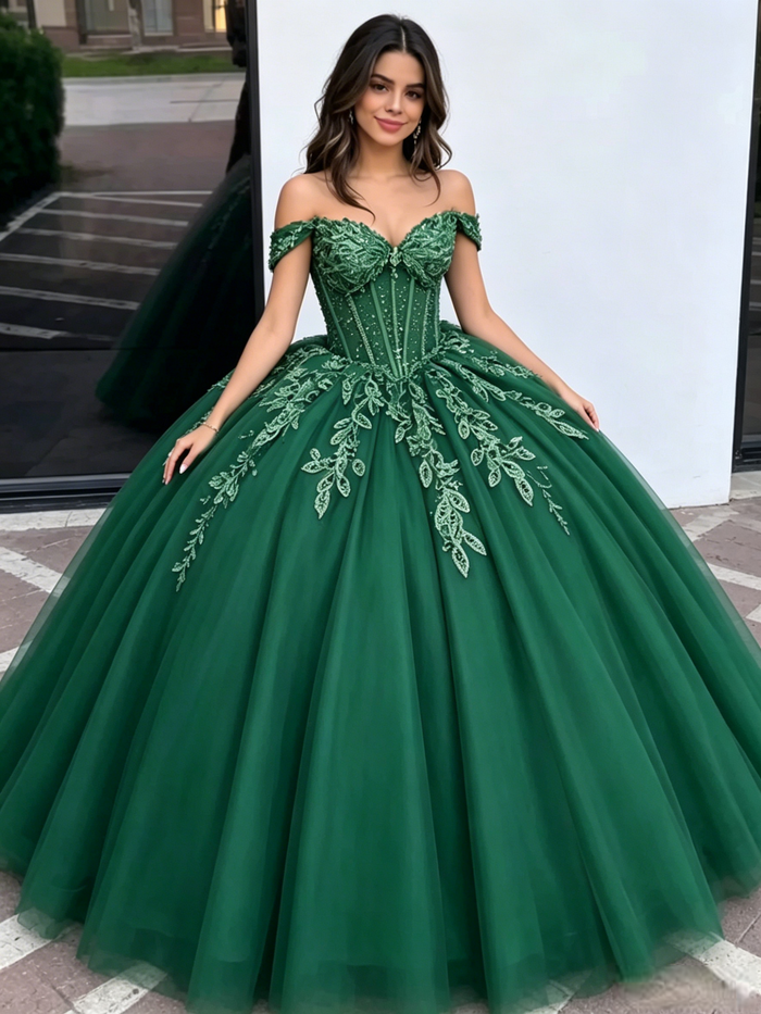 Green Tulle Off the Shoulder Appliques Quinceanera Dress