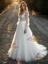 White Tulle Lace Long Sleeve Wedding Dress