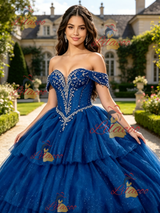 Blue Tulle Off the Shoulder Beading Quinceanera Dress