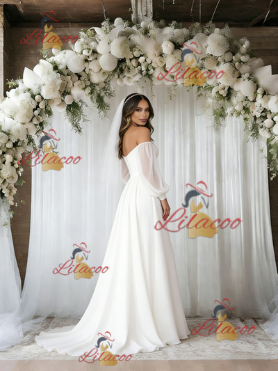 White Long Sleeve Off the Shoulder Wedding Dress