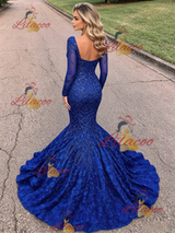 Blue Mermaid Long Sleeve Prom Dress