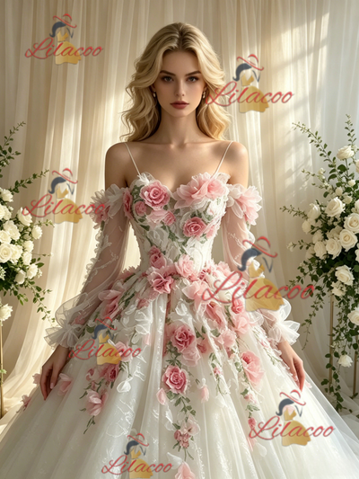 White Tulle Straps Appliques Wedding Dress
