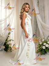 Beige White V-neck 3D Flower Wedding Dress