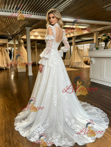 White Tulle Lace Appliques Long Sleeve Wedding Dress