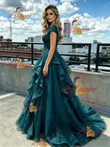 Green Tulle Lace Cap Sleeve Prom Dress