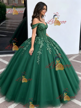 Green Tulle Off the Shoulder Appliques Quinceanera Dress