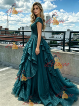 Green Tulle Lace Cap Sleeve Prom Dress