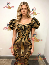 Gold Mermaid Sequins Puff Sleeve Prom Dress