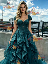 Green Tulle Lace Cap Sleeve Prom Dress