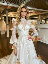 White Tulle Lace Appliques Long Sleeve Wedding Dress