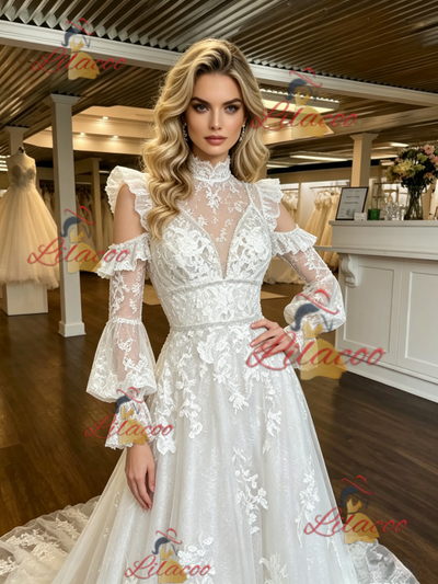 White Tulle Lace Appliques Long Sleeve Wedding Dress
