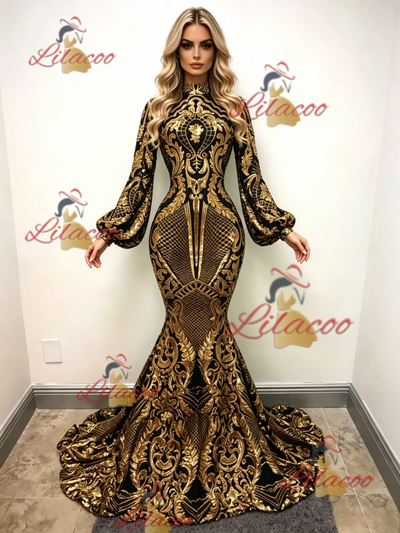 Gold Mermaid Sequins Long Sleeve Prom Dress