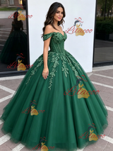 Green Tulle Off the Shoulder Appliques Quinceanera Dress