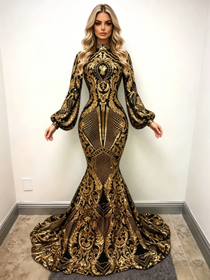 Gold Mermaid Sequins Long Sleeve Prom Dress
