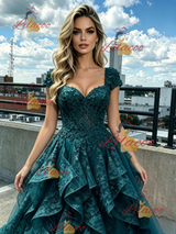 Green Tulle Lace Cap Sleeve Prom Dress