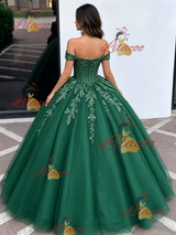 Green Tulle Off the Shoulder Appliques Quinceanera Dress