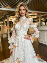 White Tulle Lace Appliques Long Sleeve Wedding Dress