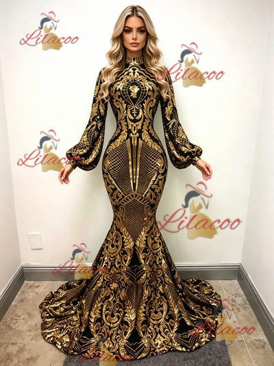 Gold Mermaid Sequins Long Sleeve Prom Dress