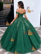 Green Tulle Off the Shoulder Appliques Quinceanera Dress