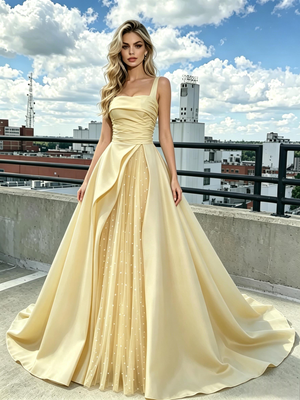 Yellow Tulle Satin Straps Prom Dress