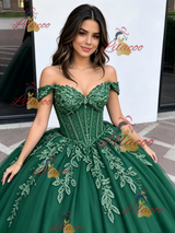 Green Tulle Off the Shoulder Appliques Quinceanera Dress