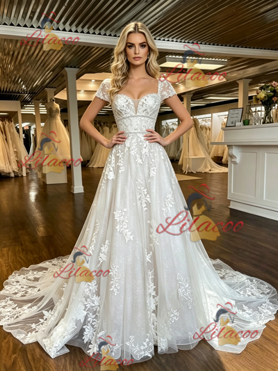 White Tulle Appliques Cap Sleeve Wedding Dress