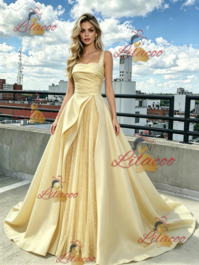 Yellow Tulle Satin Straps Prom Dress