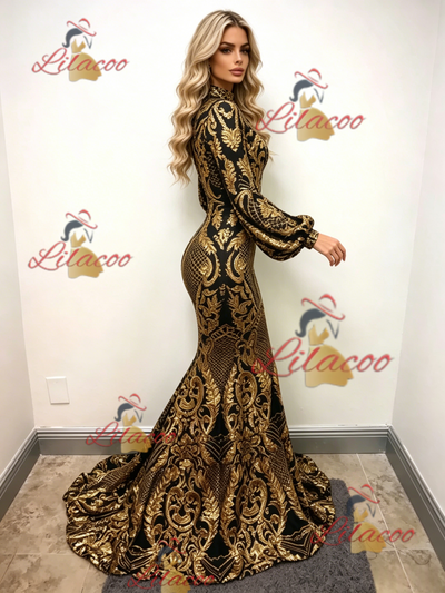 Gold Mermaid Sequins Long Sleeve Prom Dress